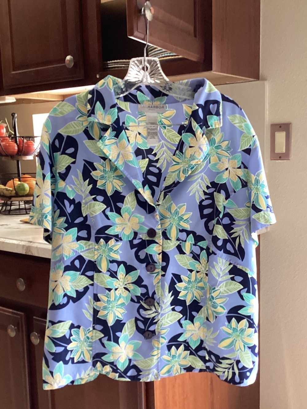 Sag Harbor Light Blue Floral Button Front Camp Blouse with Navy Panels